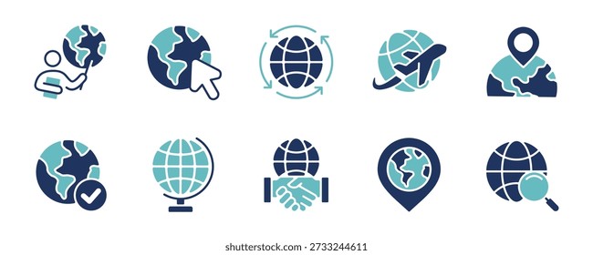 Worldwide business network connection icon set two colors style. Planet earth globe international travel pin arrow direction map location, global partnership signs vector illustration
