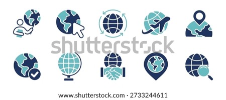 Worldwide business network connection icon set two colors style. Planet earth globe international travel pin arrow direction map location, global partnership signs vector illustration