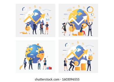 Worldwide Business Set. Businesspeople Getting Profit, Globe, Growth Diagram. Flat Vector Illustrations. Business, Finance, Success Concept For Banner, Website Design Or Landing Web Page