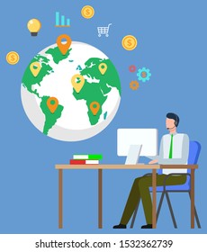 Worldwide business vector, international relations with different countries flat style. Man working on laptop, interaction with partners and support. Globe with location pointers and money coins