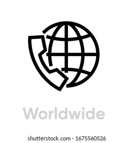 Worldwide call icon. Editable line vector. Vintage handset and planet earth with parallels and meridians. Single pictogram.