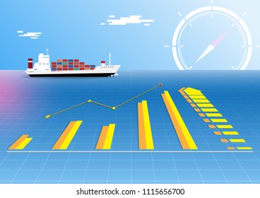 Worldwide cargo container ship delivery and graph trending, growth, compass navigate. Vector illustration concept for business strategy, transportation, logistics, shipping, future direction, success.