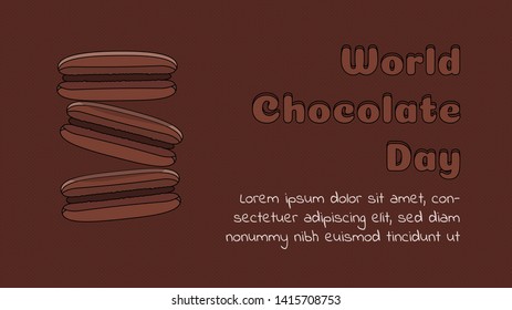 Worldwide chocolate day. Three macaroon cookies in brown background Food landing page with flat simple design. Modern design concept of web page design for website and mobile application.