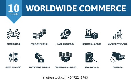 Worldwide Commerce icon set. Distributor, Foreign Branch, Hard Currency, Industrial Goods, Market Potential, Swot Analysis, Protective Tariffs, Strategic Alliance, Regulations, Embargo icons.