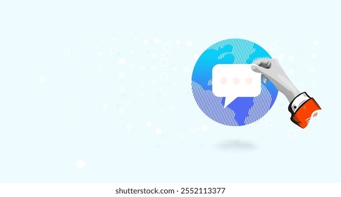 Comunicación mundial. Concepto de comunicación global. Globo de la Tierra del planeta con los iconos de las burbujas del discurso del diálogo del chat con las manos. Mapa mundial. Ilustración vectorial de arte de collage