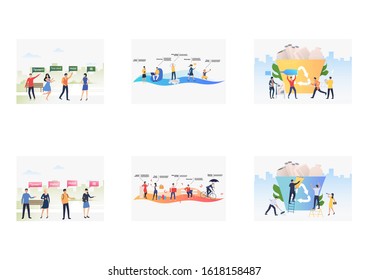 Worldwide communication set. Volunteers sorting rubbish, greetings in different languages. Flat vector illustrations. Internet, global community concept for banner, website design or landing web page