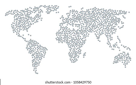 Worldwide composition map composed of atom pictograms. Vector atom scatter flat items are composed into conceptual global world plan.