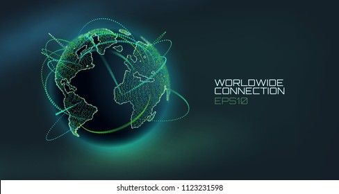 Worldwide connection abstract vector globe. Telecommunication technology line with trajectory of information data. USA to Europe stream