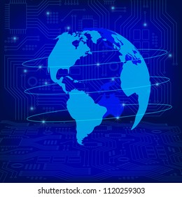Worldwide connection concept.  Global communications network. Globe on High-tech technology background texture in blue. Stock vector. Vector illustration EPS10.  