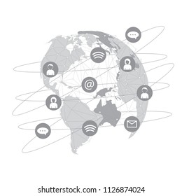 Worldwide connection concept.  Global communications network. Globe on High-tech technology background texture in gray. Stock vector. Vector illustration EPS10.  