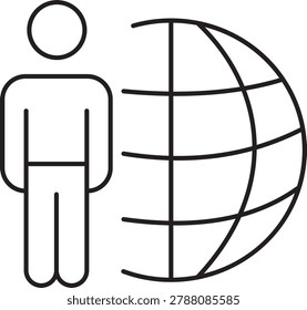 Worldwide connection and globalization line icon. Simple vector outline icon of a man or businessman with earth sphere for outsourcing, navigation, or global community.