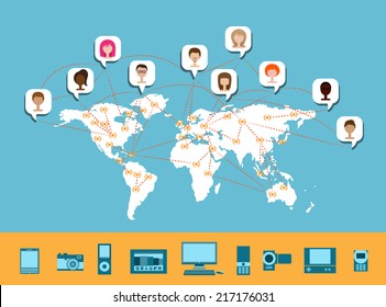 Worldwide Connectivity - Concept illustration of network connection around the world, with avatars and various connection devices, from desktop computer to mobile phones