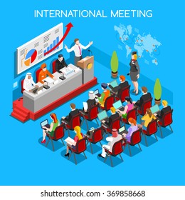 Worldwide Convention Center Business Meeting Congress Hall seats. Flat 3D Isometric People Workshop Speaker Lecture pulpit. Event Conference crowd group on Public Room. Auditorium stage Vector Image