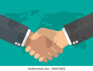 Worldwide cooperation concept. Business handshake with transparent world map on it. Flat style