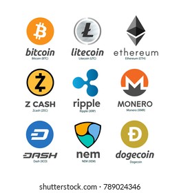 Worldwide crypto currency symbols set. Bitcoin, Litecoin, Ethereum, Zcash, Ripple, Monero, Dash, NEM, Dogecoin. Virtual currency. Crypto currency. New virtual money. EPS10 vector