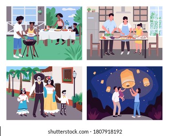 Conjunto de ilustraciones vectoriales de color plano de la cultura mundial. La barbacoa de la familia africana. Padres y cocina infantil. Diversidad cultural Escena de dibujos animados 2D con paisaje e interior sobre la colección de fondo