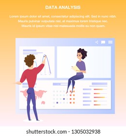 Worldwide Data Analysis Chart Banner Character. Business Man Show Global Finance Infographic Grath. Digital Marketing Kpi Presentation for Website or Landing Page. Flat Cartoon Vector Illustration