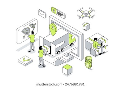 Worldwide delivery 3d isometric concept in outline isometry design for web. People using global logistic company with truck transportation, receiving parcels with cargo shipping. Vector illustration.