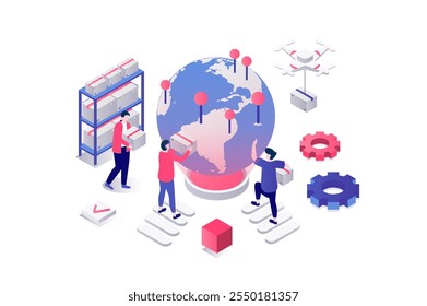 Worldwide delivery 3d isometric concept in geometry graphic design for web. People work in global logistic company, shipping packages, making export and import transportation. Vector illustration.