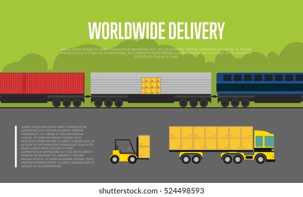 Worldwide delivery banner isolated vector illustration. Forklift loading boxes in container truck, cargo train on railway. Global commercial transportation company and worldwide delivery business