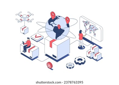 Weltweites Lieferkonzept im 3D-Isometrie-Design. Manager, die in einem globalen Logistikunternehmen mit Paketpost und Lieferwagen arbeiten. Vektorgrafik mit Isometrie-Menschen-Szene für Web-Grafik