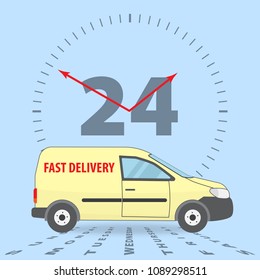 Worldwide delivery concept. The car for cargo delivery. Cargo delivery twenty-four hours and seven days a week. Vector illustration EPS10.