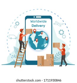Concepto de entrega global, plantilla de icono . Los nutrientes entregan paquetes por todo el mundo. Ilustración vectorial moderna de diseño plano.
