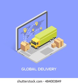 Worldwide delivery concept. Isometric style, vector illustration