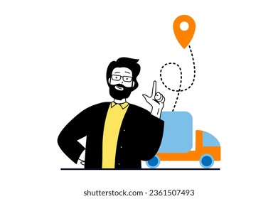 Worldwide delivery concept with people scene in flat web design. Man managing truck shipping and transportation logistics to warehouse. Vector illustration for social media banner, marketing material.