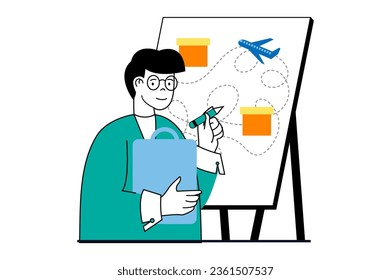 Worldwide delivery concept with people scene in flat web design. Man sending parcel boxes by airplane, planning air shipment route. Vector illustration for social media banner, marketing material.