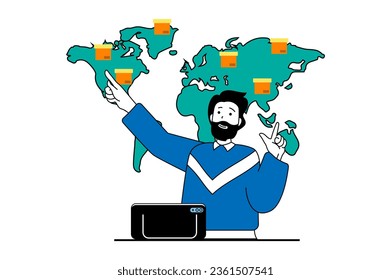 Worldwide delivery concept with people scene in flat web design. Man managing different post departments at global locations at map. Vector illustration for social media banner, marketing material.