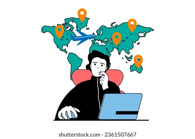 Worldwide delivery concept with people scene in flat web design. Man sending parcel by airplane and tracking location route at map. Vector illustration for social media banner, marketing material.