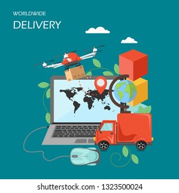 Worldwide delivery concept vector flat illustration. Computer with world map and location pin on monitor, drone delivering parcel, globe, truck. Shipping, tracking, delivery services poster, banner.