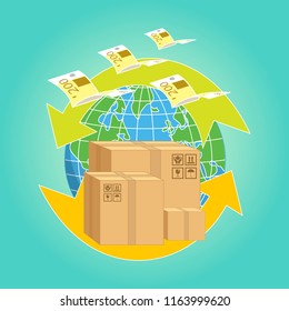 Worldwide delivery concept. Vector illustration of international shipping. Cardboard boxes.
