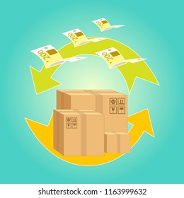 Worldwide delivery concept. Vector illustration of international shipping. Cardboard boxes.