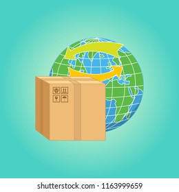 Worldwide delivery concept. Vector illustration of international shipping. Cardboard boxes.