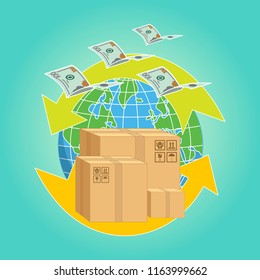 Worldwide delivery concept. Vector illustration of international shipping. Cardboard boxes.