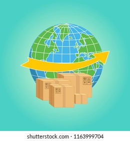 Worldwide delivery concept. Vector illustration of international shipping. Cardboard boxes.