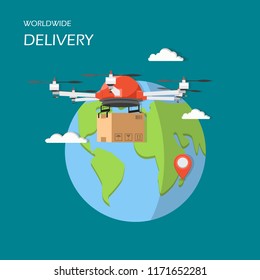 Worldwide delivery concept vector illustration. Globe with map marker and drone with parcel. Flat style design element for website template, poster, banner etc.