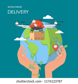 Worldwide delivery concept vector illustration. Drone flying with parcel and human hands holding globe with map marker. Flat style design element for website template, poster, banner etc.