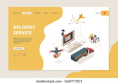 Worldwide delivery. Drones smart delivery warehouse shipping sourcing vector isometry landing page layout
