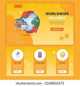 Planilla de página de inicio plana de entrega a nivel mundial. Tarjeta de regalo, conserje, gran venta. Banner web con encabezado, contenido y pie de página. Ilustración vectorial.