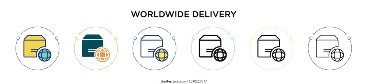 Worldwide delivery icon in filled, thin line, outline and stroke style. Vector illustration of two colored and black worldwide delivery vector icons designs can be used for mobile, ui, web