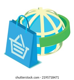 Worldwide Delivery Icon Isometric Vector. Shopping Bag On Globe Grid Background. International Delivery, World Logistic, Ecommerce, Business