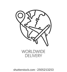 Worldwide delivery icon for shipping and logistics or cargo supply service, vector line pictogram. Global delivery and worldwide shipment service icon of globe and airplane for international shipment