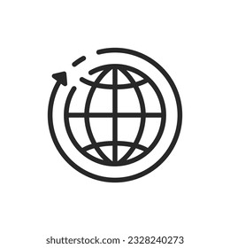 Icono de entrega a nivel mundial. Signo de Planeta editable lineal vectorial con flecha que simboliza los servicios de envío globales y la logística de carga internacional.