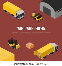 Worldwide delivery isometric vector illustration. Forklift with packing boxes loading freight truck near warehouse terminal. Worldwide cargo shipping, global delivery company, warehouse logistics