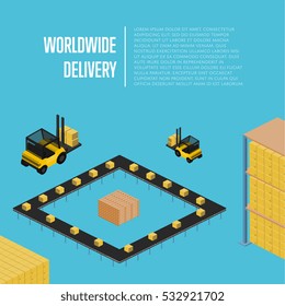 Worldwide delivery isometric vector illustration. Forklift with packing boxes in warehouse terminal, loading process. Worldwide cargo shipping, global freight delivery company, warehouse logistics