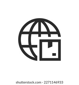 Worldwide delivery, linear style icon. Globe and Box. Editable stroke width