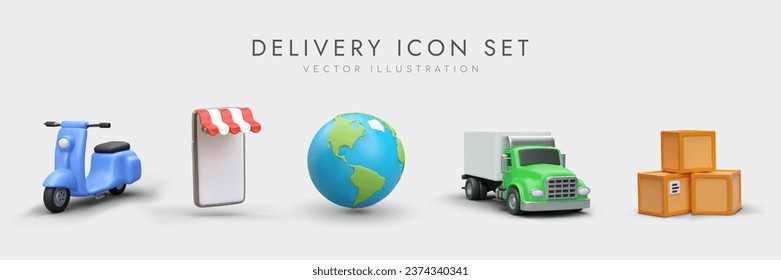 Worldwide delivery and logistic by truck. 3d scooter and different carton boxes. Online service for smartphones. Delivery icon set concept. Vector illustration